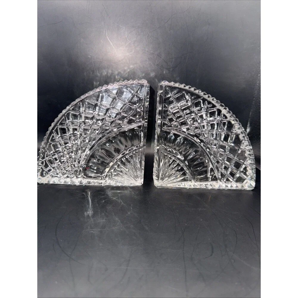 ILLUSIONS BY SAMOBOR 24% FULL LEAD HANDCUT HANDBLOWN FAN SHAPED CRYSTAL BOOKENDS - Picture 1 of 6